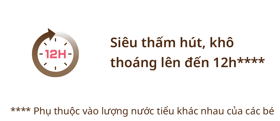 Si&ecirc;u thấm h&uacute;t, kh&ocirc; tho&aacute;ng l&ecirc;n đến 12h**** **** Phụ thuộc v&agrave;o lượng nước tiểu kh&aacute;c nhau của c&aacute;c b&eacute;